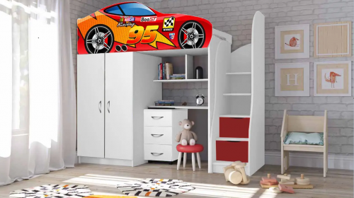 Детская с кроватью машиной VRN- "Bedroom " №1 + комод (желтая, красная)