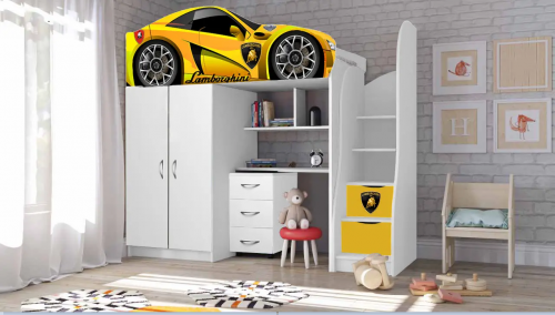 Детская с кроватью машиной VRN- "Bedroom " №1 + комод (желтая, красная)