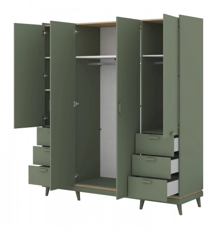 Шкаф на 4 двери с 6 ящиками Helvetia SCANDI 24GDOH20 (зеленый / дуб)