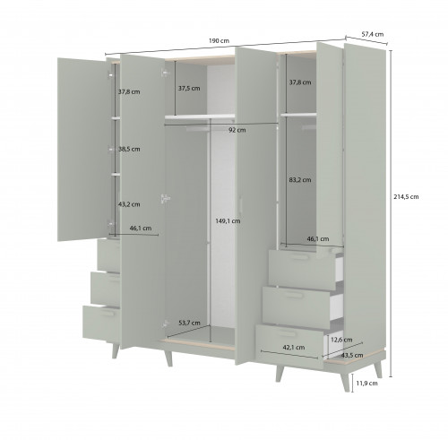 Шкаф на 4 двери с 6 ящиками Helvetia SCANDI 24GDOH20 (зеленый / дуб)