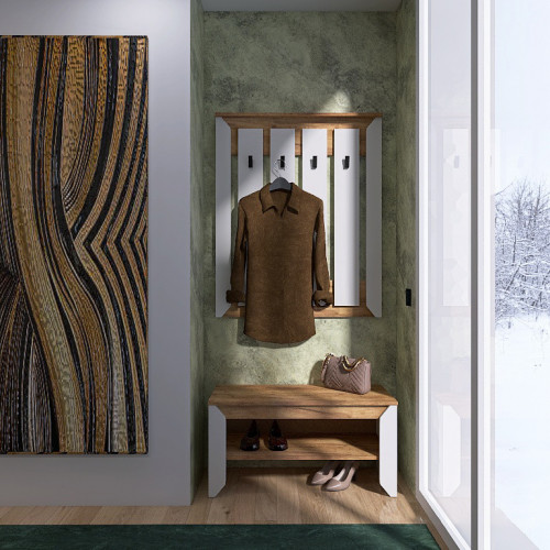 Прихожая с тумбой для обуви и вешалкой EVR- Нордик-1 дуб крафт золотой + белый