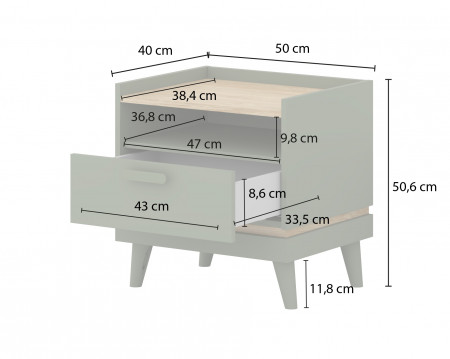 Тумбочка прикроватная Helvetia SCANDI 24D5OH22 (зеленый / дуб)