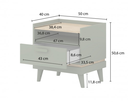 Тумбочка прикроватная Helvetia SCANDI 24D5OH22 (зеленый / дуб)