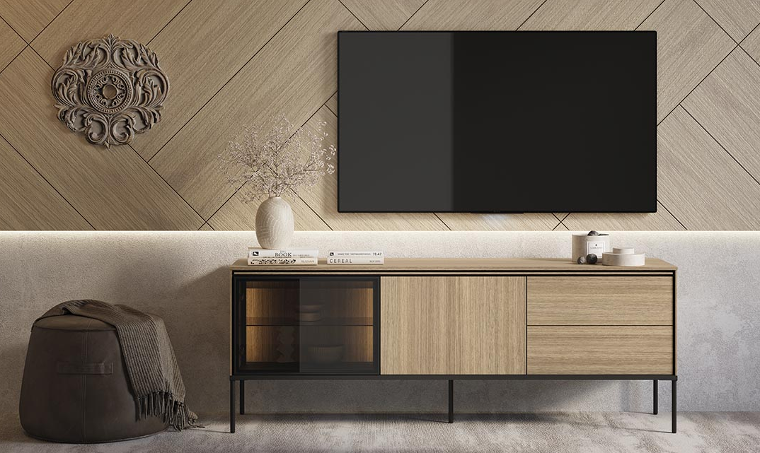 Тумба ТВ маленькая с витриной 1д1в2ш TOP- Виссо дуб с подсветкой   