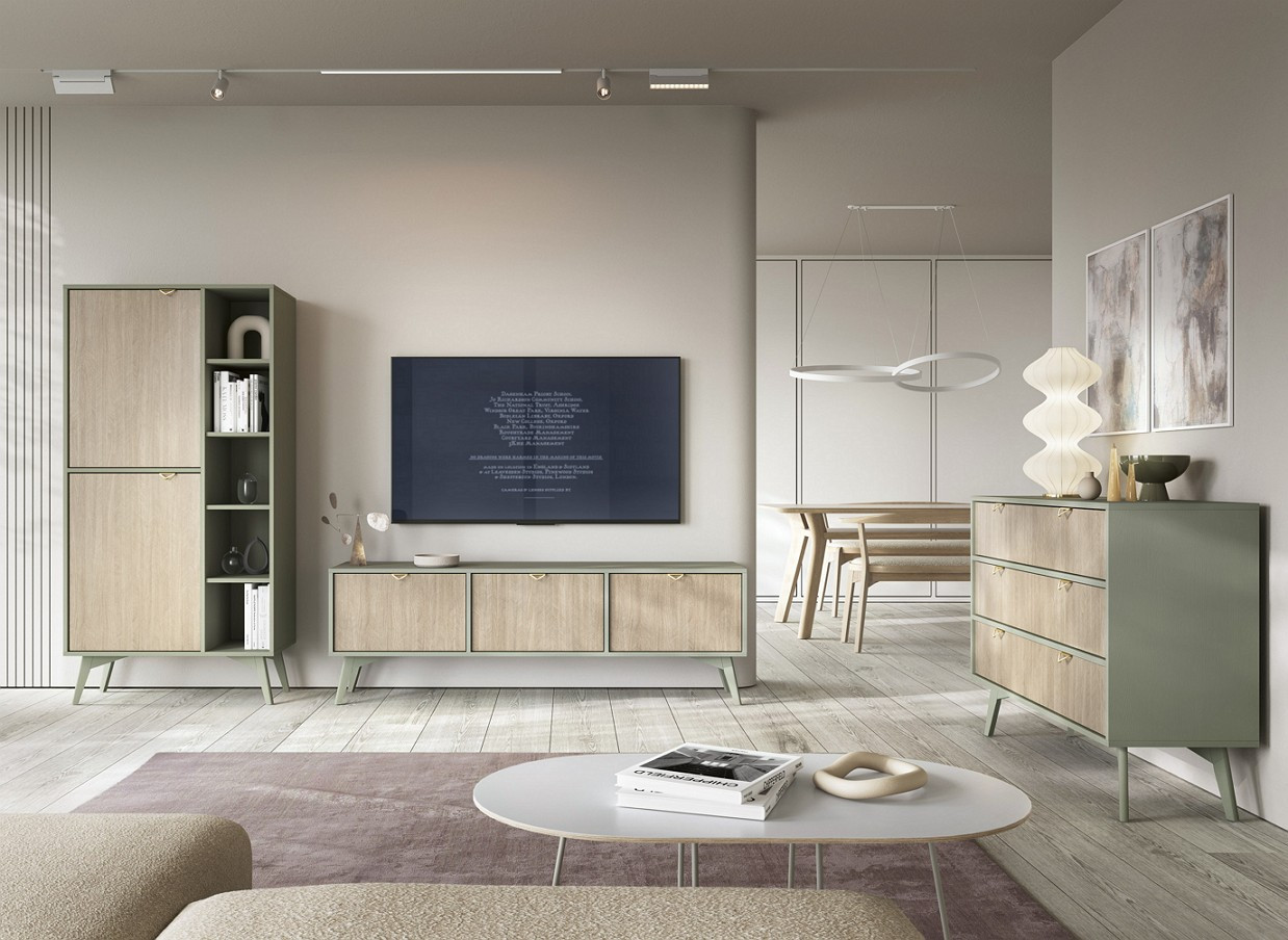 Гостиная Perfect Home Форест / Forest: стеллаж, комод, ТВ-тумба. Эвкалипт/ель сканди