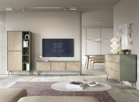 Гостиная Perfect Home Форест / Forest: стеллаж, комод, ТВ-тумба. Эвкалипт/ель сканди