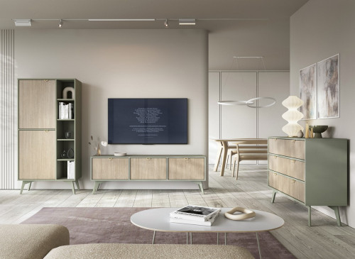 Гостиная Perfect Home Форест / Forest: стеллаж, комод, ТВ-тумба. Эвкалипт/ель сканди