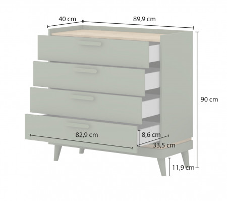 Комод с 4 ящиками Helvetia SCANDI 24GDOH27 (зеленый / дуб)