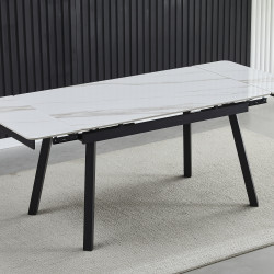 Обеденный стол INI- MADRID CERAMIC 140(200)*85  белый глянец/чёрный каркас