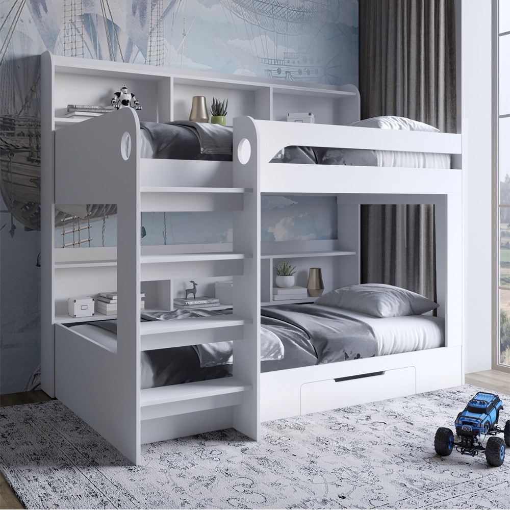 Двухъярусная кровать Майнкрафт 90х190 см с ящиком Нимфея Альба (белый) (LION-041541)