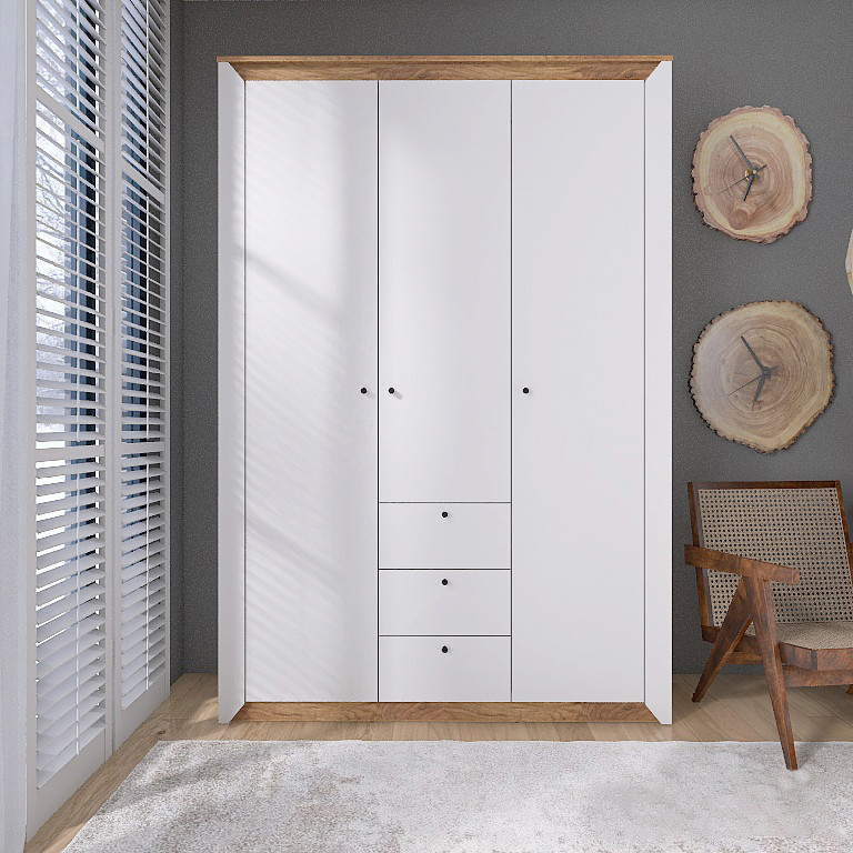 Шкаф распашной на 3 двери и 3 шухляды EVR- Нордик-1400 дуб крафт золотой + фасад белый