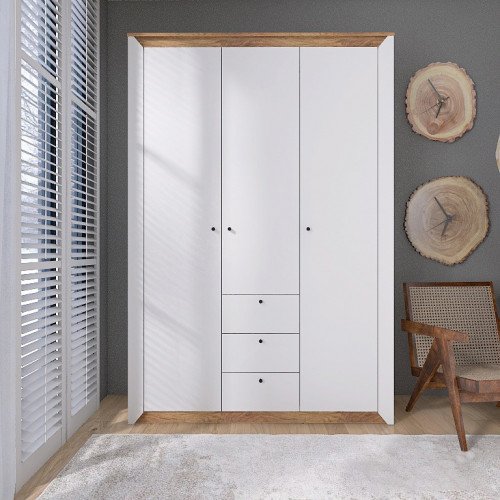 Шкаф распашной на 3 двери и 3 шухляды EVR- Нордик-1400 дуб крафт золотой + фасад белый