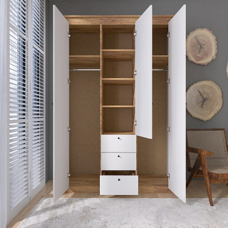 Шкаф распашной на 3 двери и 3 шухляды EVR- Нордик-1400 дуб крафт золотой + фасад белый