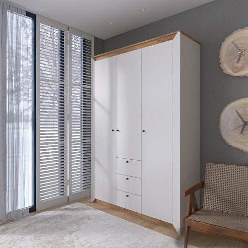 Шкаф распашной на 3 двери и 3 шухляды EVR- Нордик-1400 дуб крафт золотой + фасад белый