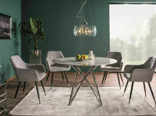 Обеденный комплект SIGNAL: круглый стол из керамики Murano(белый) + 4 стула Nuxe Velvet(серый)