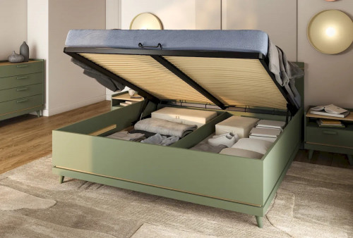 Кровать двуспальная с газовым подьемником Helvetia SCANDI (зеленый / дуб)