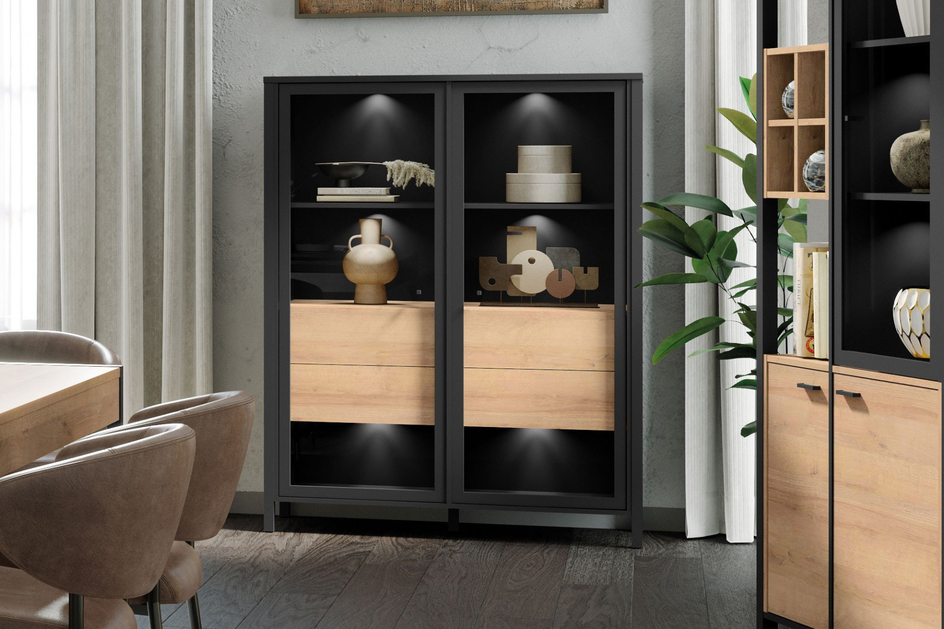 Витрина на 2 двери Forte HIGH ROCK HRKV522 (дуб ривьера/черный)