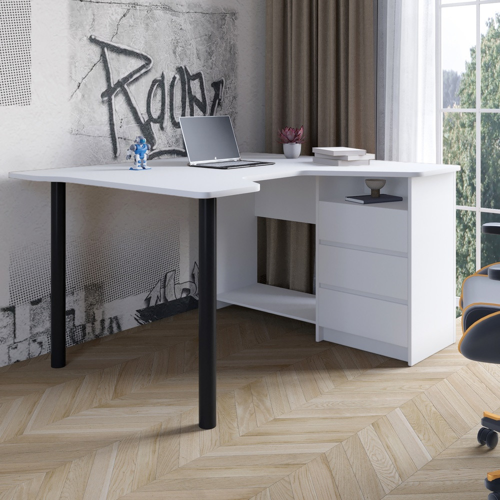 Геймерский компьютерный стол LION- Буст угловой с ящиками Нимфея Альба (белый) (LION-041459) ТОП