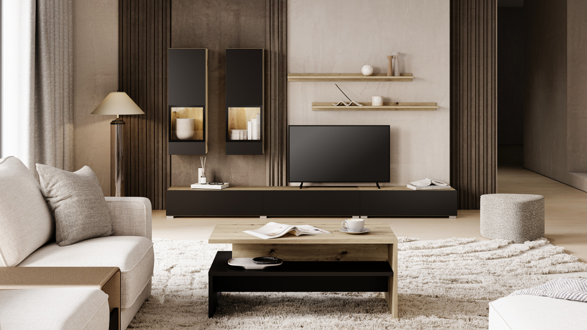 Стенка в гостиную Helvetia BAROS 24N0BM10 (дуб артизан/черный)