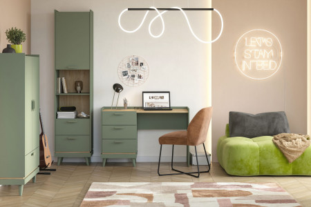 Шкаф книжный на 1 дверь с 2 ящиками Helvetia SCANDI 24D5OH88 (зеленый / дуб)