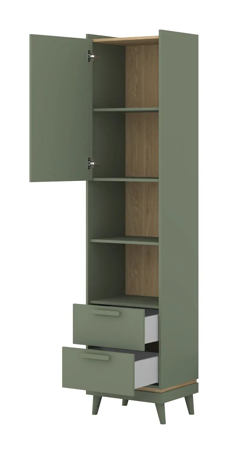 Шкаф книжный на 1 дверь с 2 ящиками Helvetia SCANDI 24D5OH88 (зеленый / дуб)