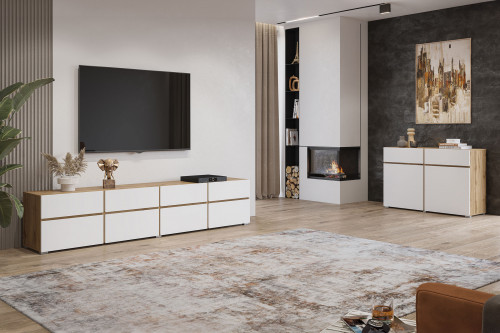 Тумба под телевизор на 4 двери и 4 ящика Helvetia CROSS 24N9MY40 (дуб вотан/белый)