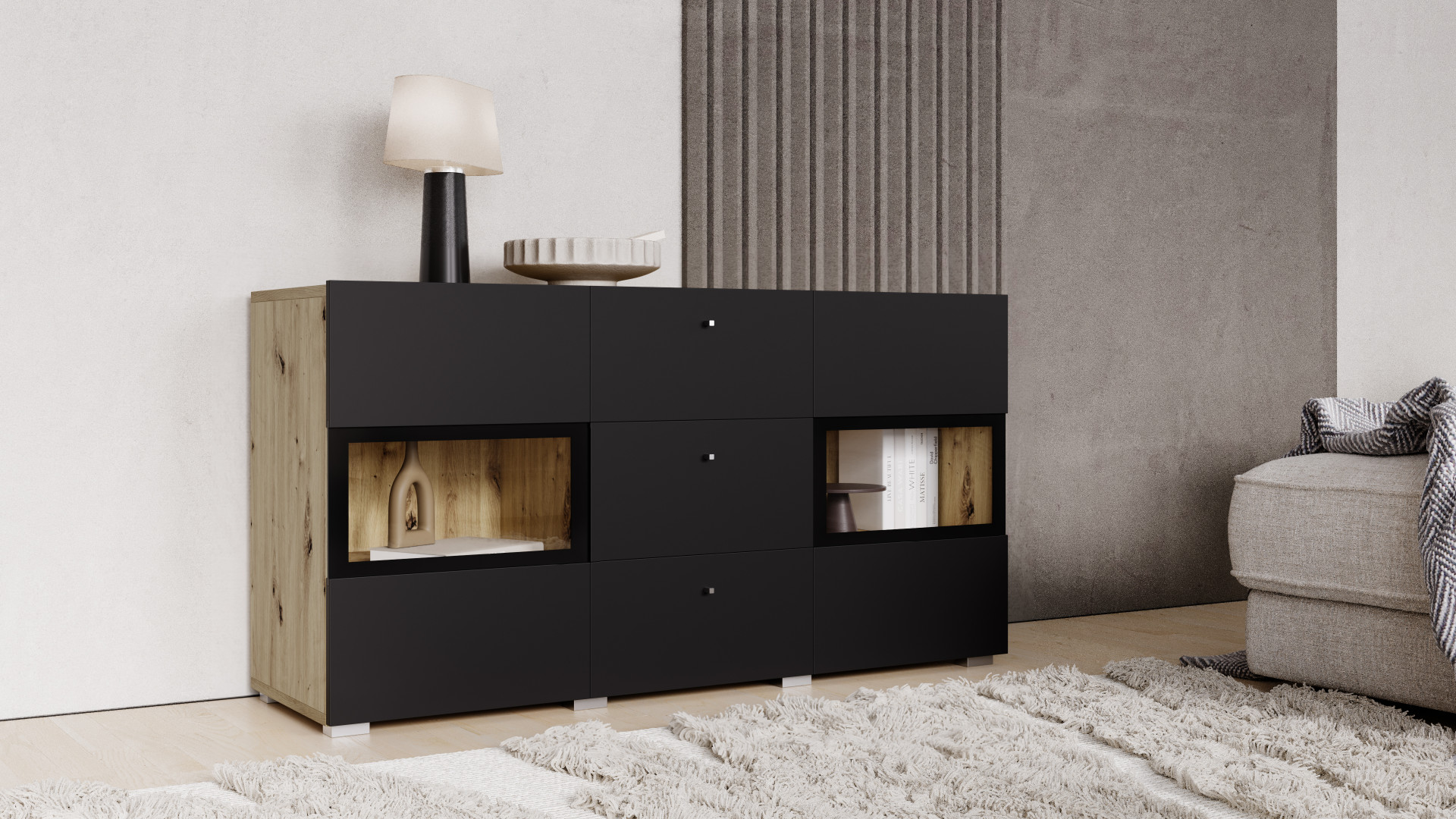 Комод на 2 двери и 3 ящика Helvetia BAROS 24RCBM26 (дуб артизан/черный)