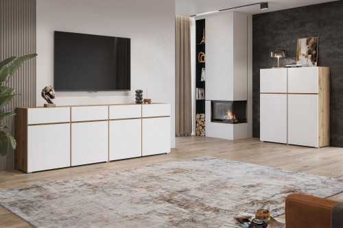 Комод высокий  на 4 двери Helvetia CROSS 24N9MY76 (дуб вотан/белый)