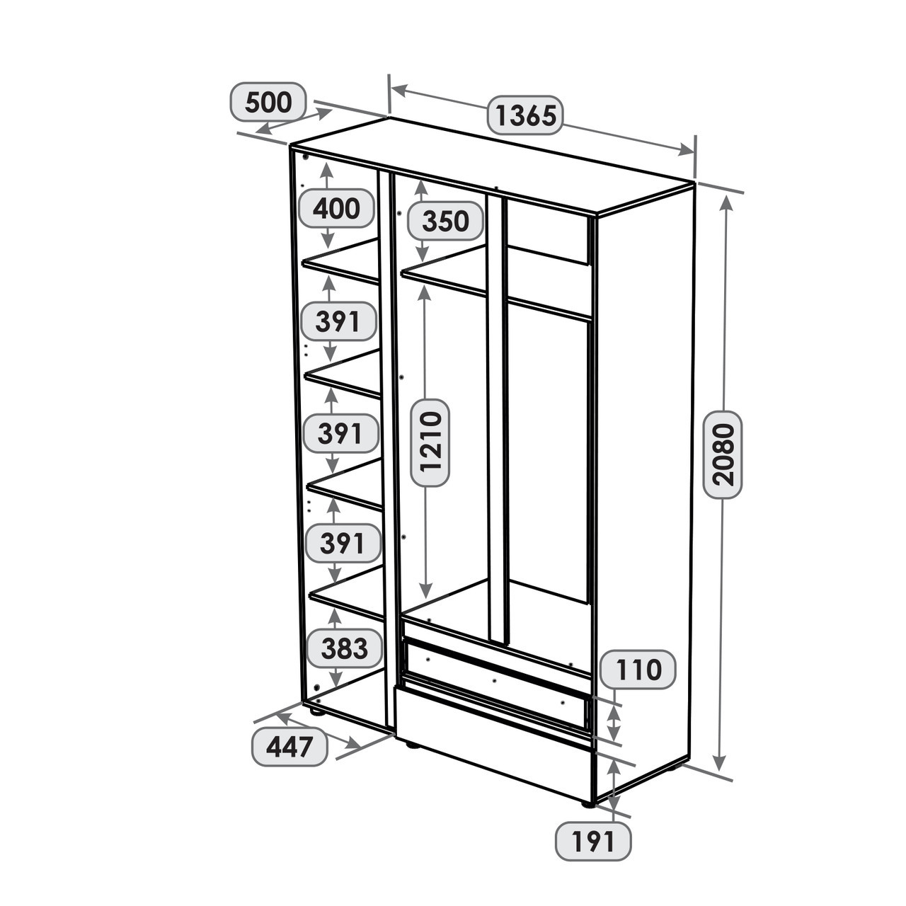 Шкаф распашной на 3 двери и 2 шухляды EVR- Лайт ШЛ-3 графит