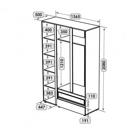 Шкаф распашной на 3 двери и 2 шухляды EVR- Лайт ШЛ-3 графит