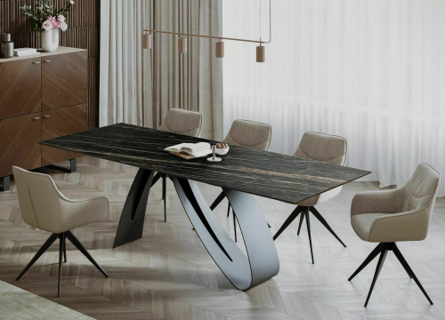 Комплект обеденный SIGNAL: раздвижной стол Diuna Ceramic NOIR DESIRE (черный мат) + 5 стульев Sempre Brego(беж) 