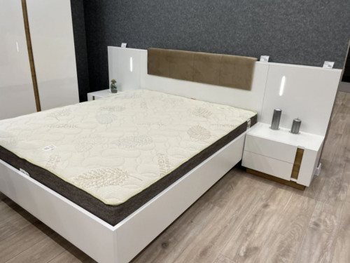 Кровать (каркас) Perfect Home Arco с мягким изголовьем, двуспальная,160 белый глянец/дуб грандсон