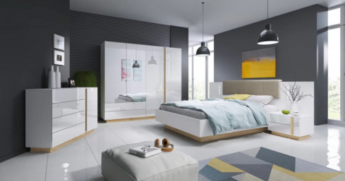 Кровать (каркас) Perfect Home Arco с мягким изголовьем, двуспальная,160 белый глянец/дуб грандсон
