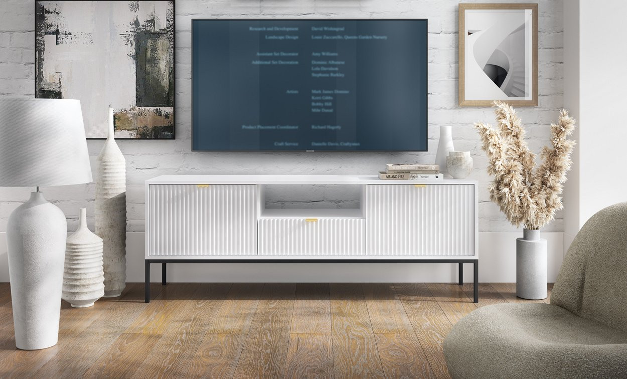Тумба под телевизор Perfect Home Новая/Nova 1-дверная с 2 ящиками, черные ножки RTV154 Белый