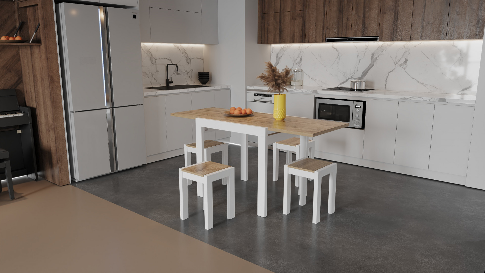 Стол + 4 табуретки ViA- Крос (белый/дуб тахо)