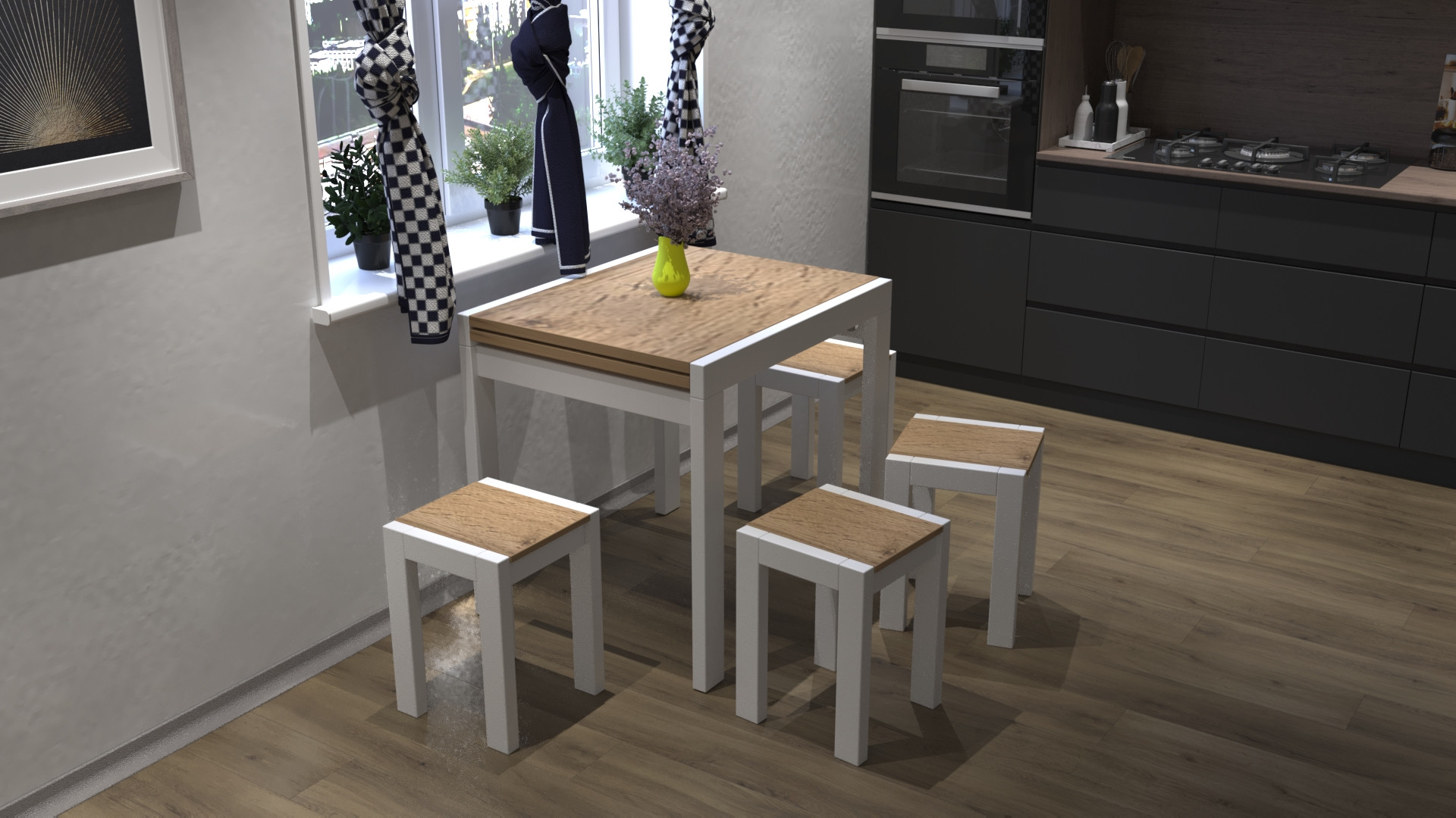 Стол + 4 табуретки ViA- Крос (белый/дуб тахо)