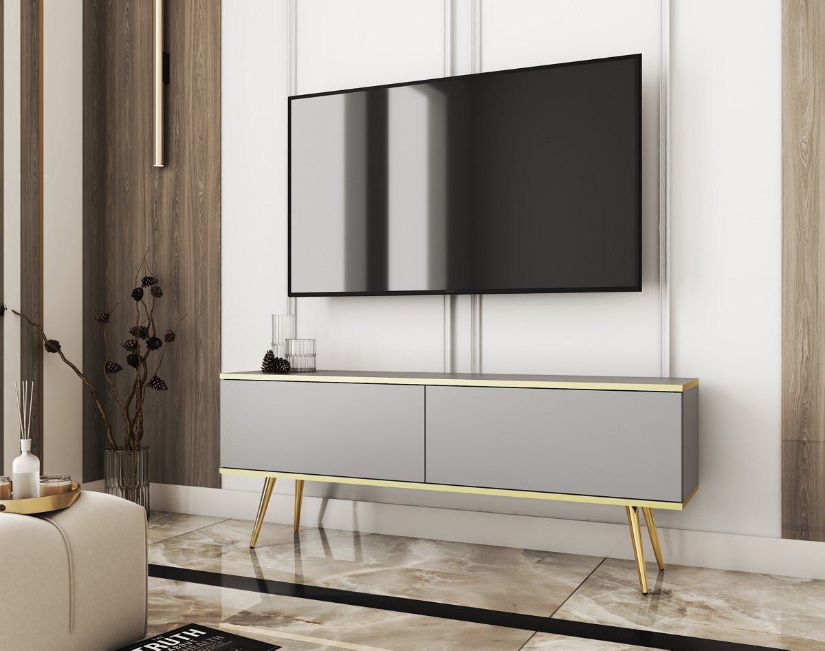 Тумба под ТВ Perfect Home Оро / Oro 2-дверная с золотыми ножками RTV135 Серый