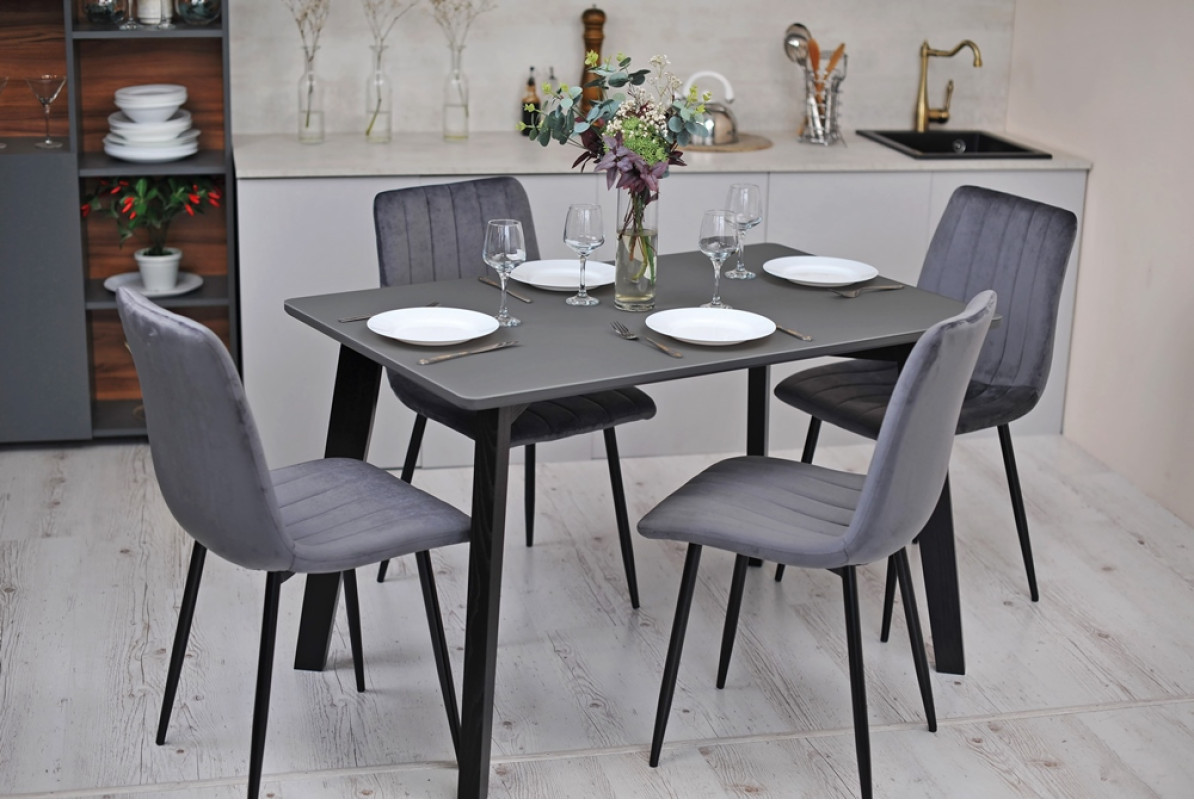 Кухонный комплект Ont- Фабрицио серый прямоугольный стол + 4 стула Lava Velvet серые