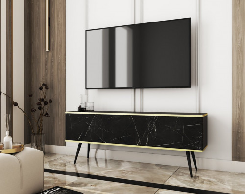 Тумба под ТВ Perfect Home Оро / Oro 2-дверная с черными ножками RTV135 Черный мрамор роял