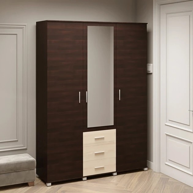 Шкаф распашной на 3 двери и 3 шухляды EVR- Бриз ШП-5 венге + фасад дуб молочный