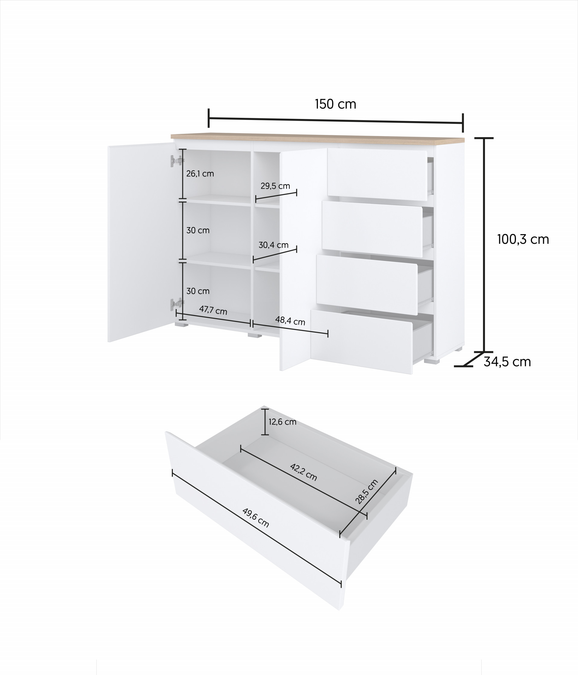Комод на 2 двери и 4 ящика Helvetia MODO 247VOJ45 (белый/дуб маувелла)