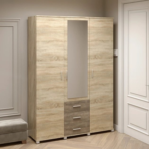 Шкаф распашной на 3 двери и 3 шухляды EVR- Бриз ШП-5 дуб Сонома + фасад трюфель