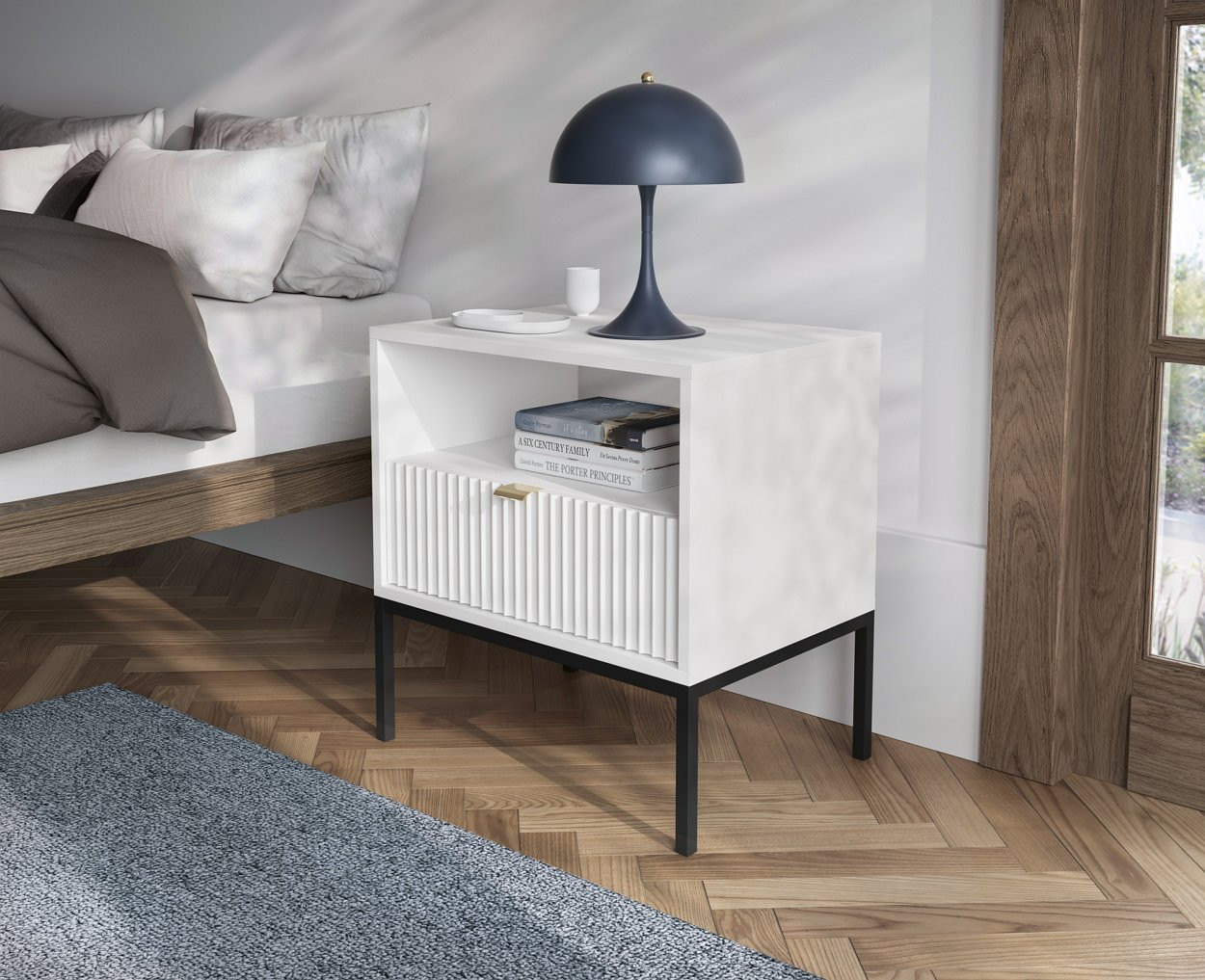Тумба прикроватная Perfect Home Новая/Nova с 1 ящиком, черными ножками S54 Белый