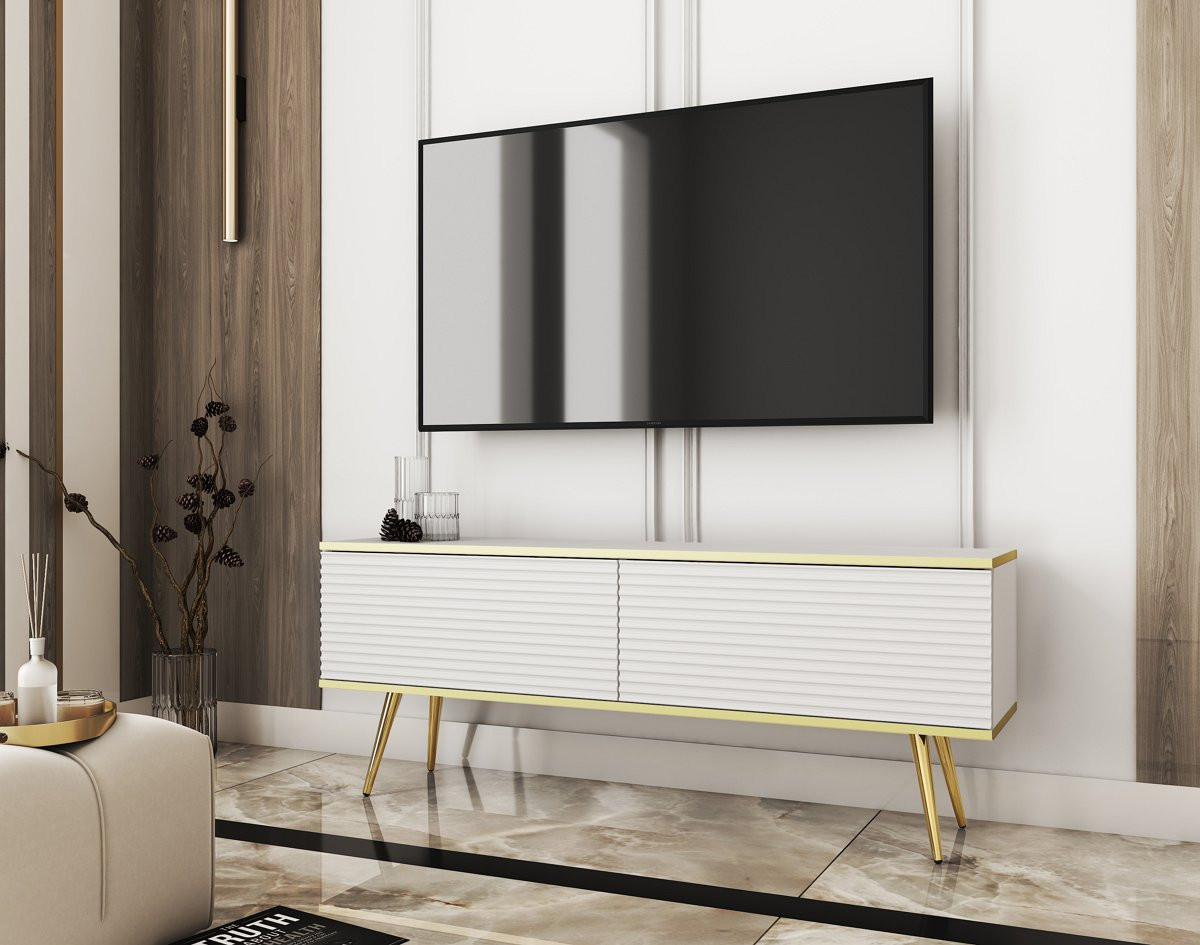 Тумба под ТВ Perfect Home Оро / Oro RTV135 MDF 2-дверная с золотыми ножками Белый