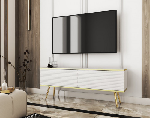 Тумба под ТВ Perfect Home Оро / Oro RTV135 MDF 2-дверная с золотыми ножками Белый