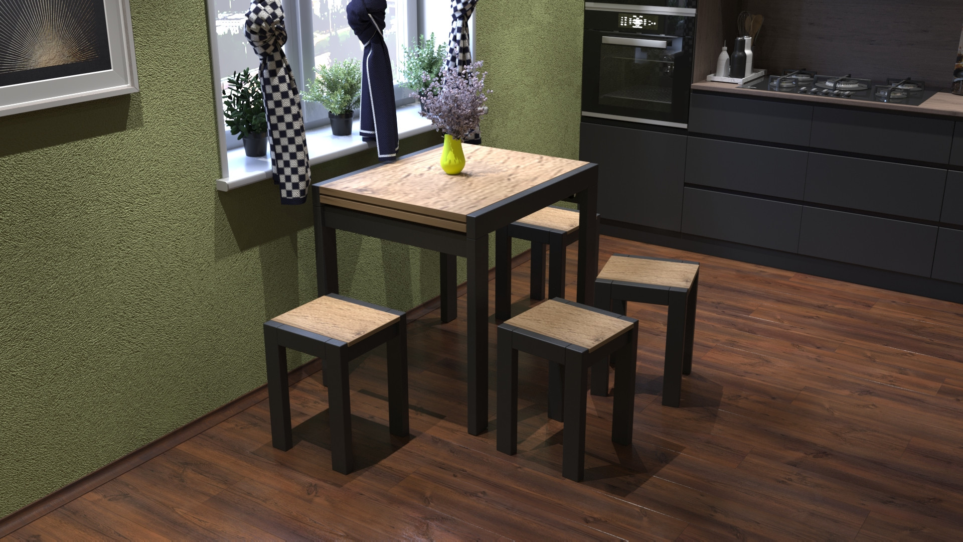 Стол + 4 табуретки ViA- Крос (черный/дуб тахо)