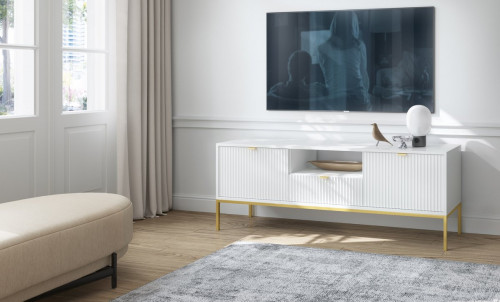 Тумба под телевизор Perfect Home Новая/Nova 1-дверная с 2 ящиками, золотые ножки RTV154 Белый