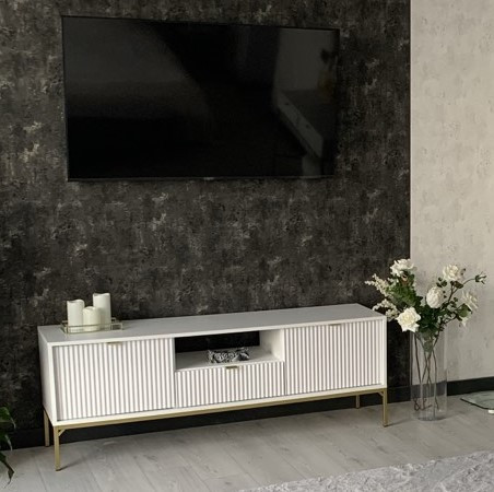 Тумба под телевизор Perfect Home Новая/Nova 1-дверная с 2 ящиками, золотые ножки RTV154 Белый