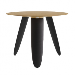 Стол обеденный LVK- Rino диаметр 100 дуб маркетри/ кожа черный