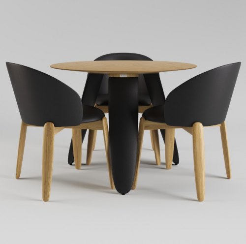 Стол обеденный LVK- Rino диаметр 100 дуб маркетри/ кожа черный